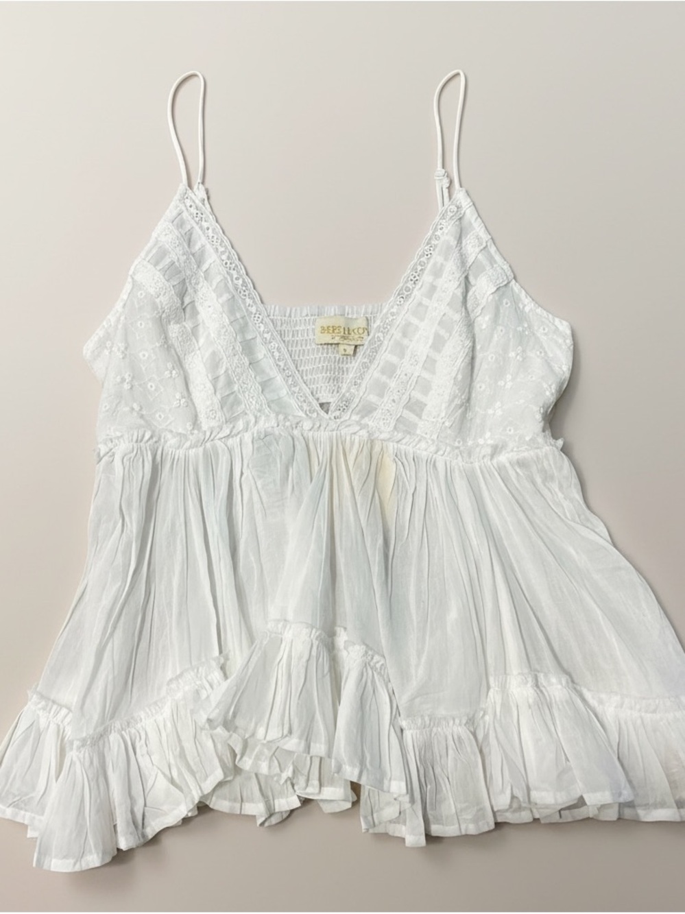 Rebellion White Eyelet Ruffle Lace Cqmisol Romantic Tank Top Large NWT